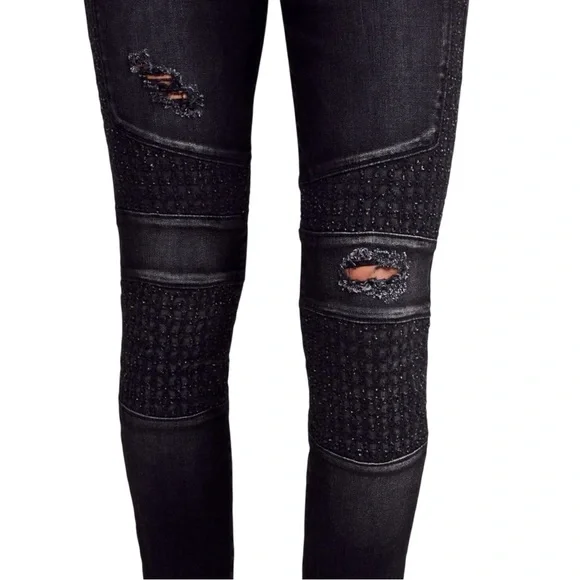 True Religion Halle Mid Rise Super Skinny Moto Women’s Jean Black Distressed 25 - Picture 5 of 15